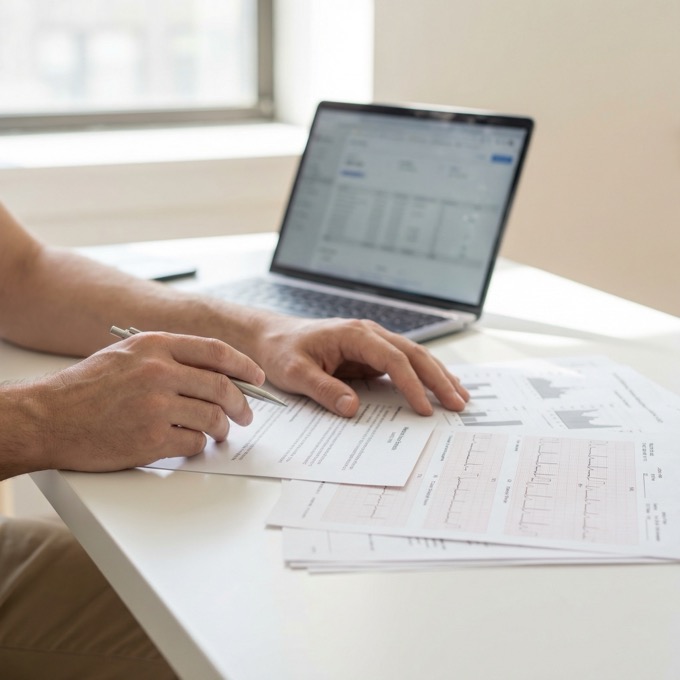 Researcher reviewing clinical data and evidence on a laptop