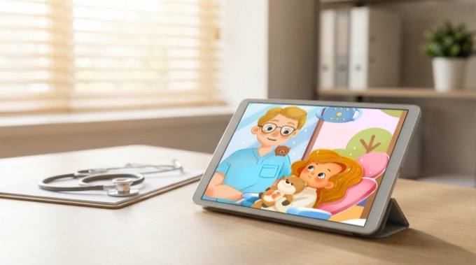 Tablet displaying healthcare application alongside medical instruments